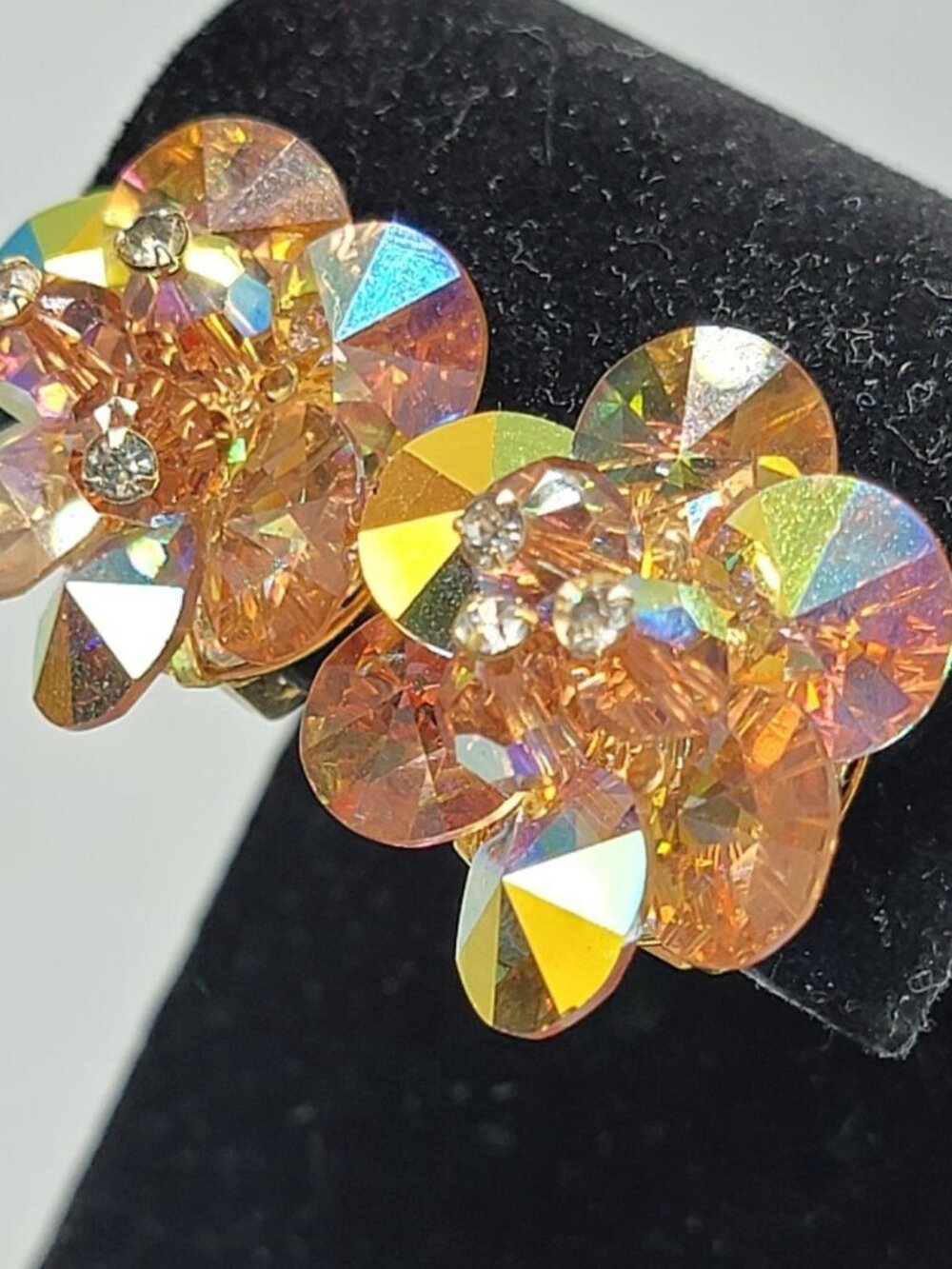 Rainbow Flower Rivoli Disc Clip On Earrings Vintage Gold Tone Rhinestones Accent
